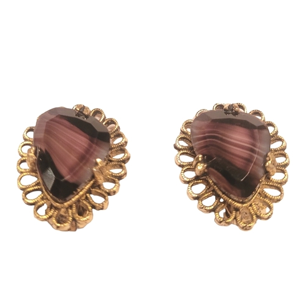 Vintage - Purple Agate Gold Filigree Clip On Earrings